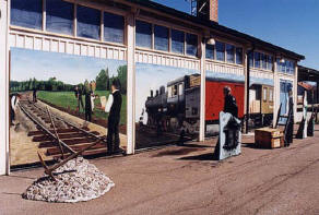 Säters Järnvägtation med rallare och ånglok en Akrylmålning